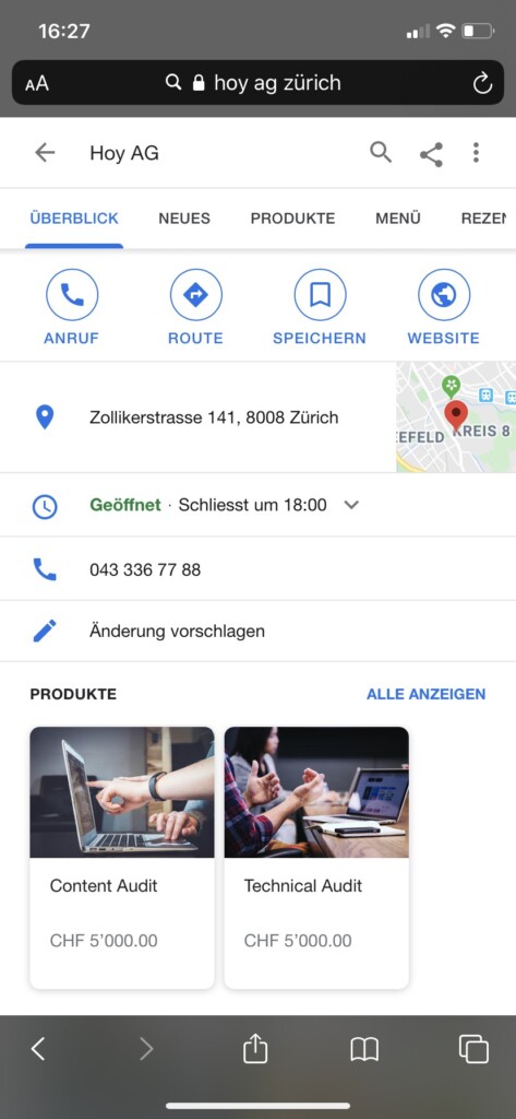 "Google My Business"-Eintrag mit der Erweiterung um Produkte im Suchinterface von Google auf Mobile.