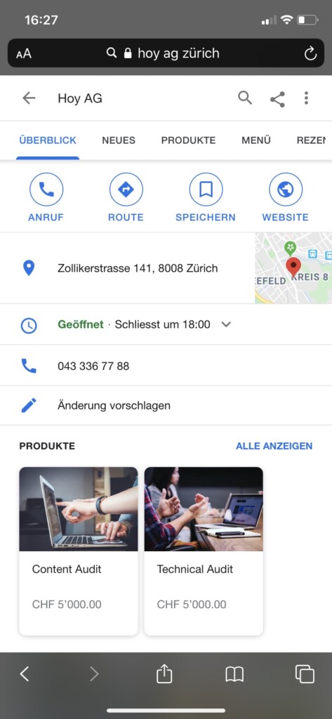 "Google My Business"-Eintrag mit der Erweiterung um Produkte im Suchinterface von Google auf Mobile.