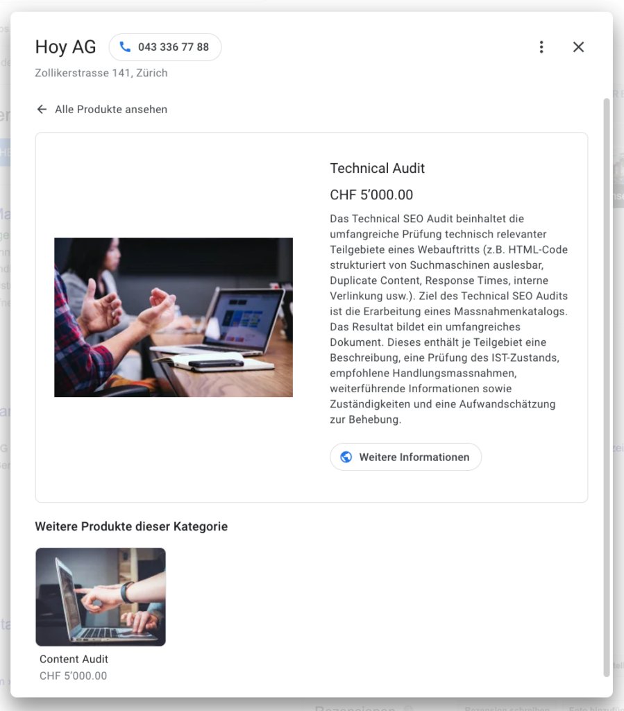 Produkt-Detailansicht auf Desktop bei Google My Business am Beispiel eines Technical SEO Audits.