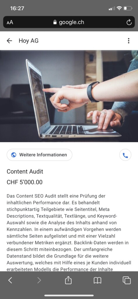 Produkt-Detailansicht auf Mobile bei Google My Business am Beispiel eines Content SEO Audits.