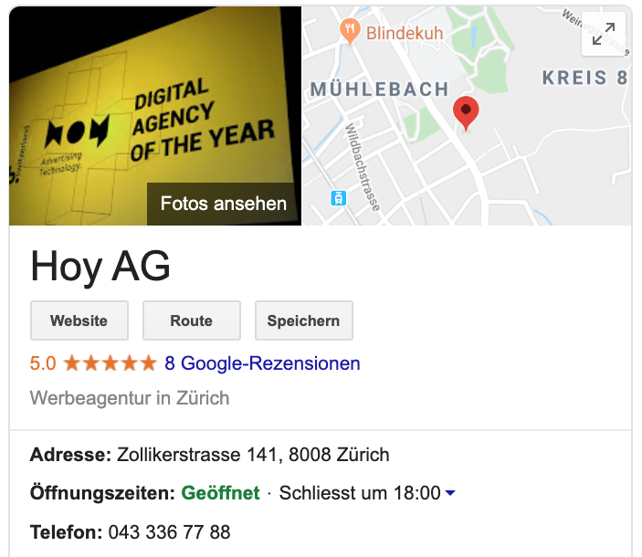 "Google My Business"-Eintrag mit der Erweiterung um Produkte im Suchinterface von Google auf Desktop.