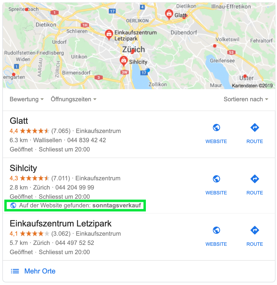 Ergebnis auf die lokale Suche (Map-Pack)